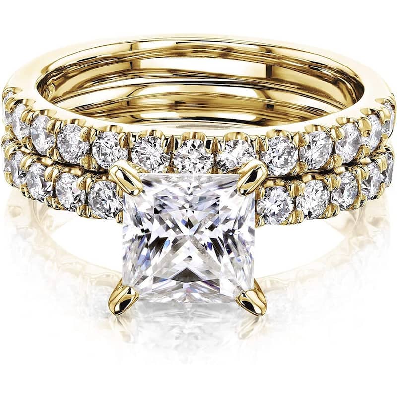 Annello by Kobelli 14K Gold 1.5ct Princess Moissanite Comfort Fit French Pave Bridal (HI/VS, GH/I) - 8 - White