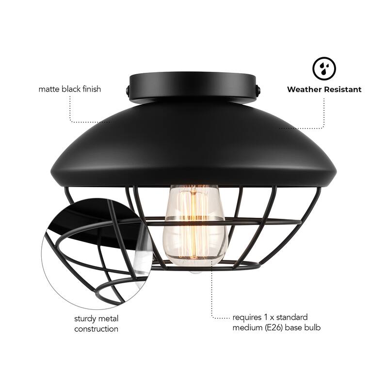 1-Light Outdoor Flush Mount Ceiling Light, Matte Black, Metal Cage Shade, Weather Resistant, Indoor - 10"