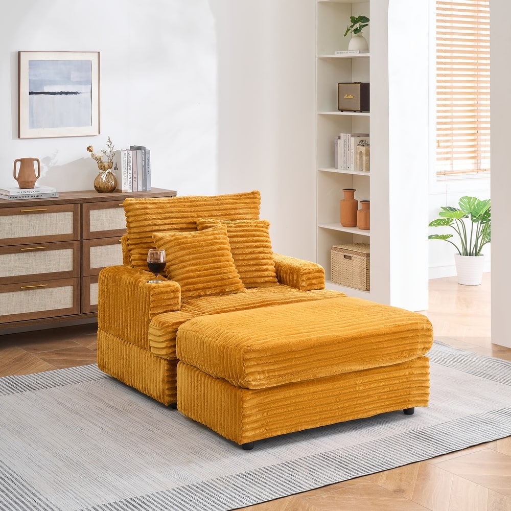 Corduroy Fabric Armchair & Ottoman Set, Upholstered Single Sofa with Cup Holder, Lounge Chair with Square Armrests