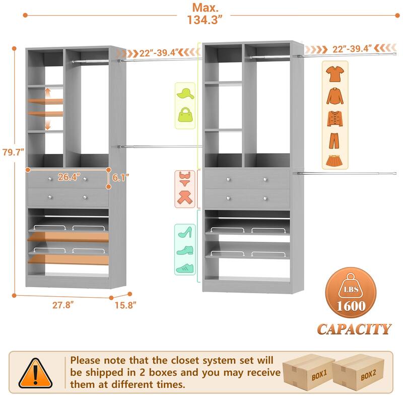 Set of 2 Closet System with 6 Hanging Rods and 4 Drawers, Adjustable Closet System with Shelves and Shoe Rack