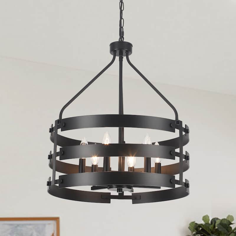 6-light Farmhouse Circle Foyer Pendant Light Hanging Island Chandelier for Dining Room - Black