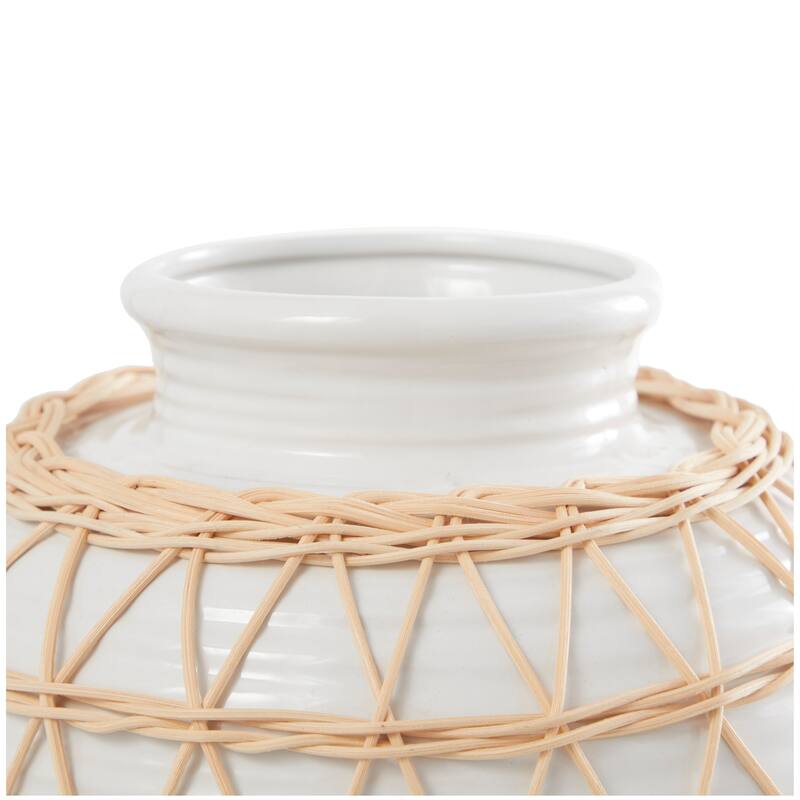 White Ceramic Handmade Vase with Woven Rattan Exterior - 11"W, 14"H