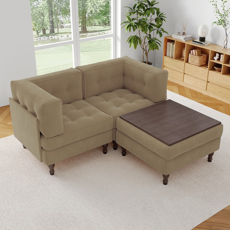 Corduroy Upholstered Modular Corner Sectional Sofa with Reversible Ottoman
