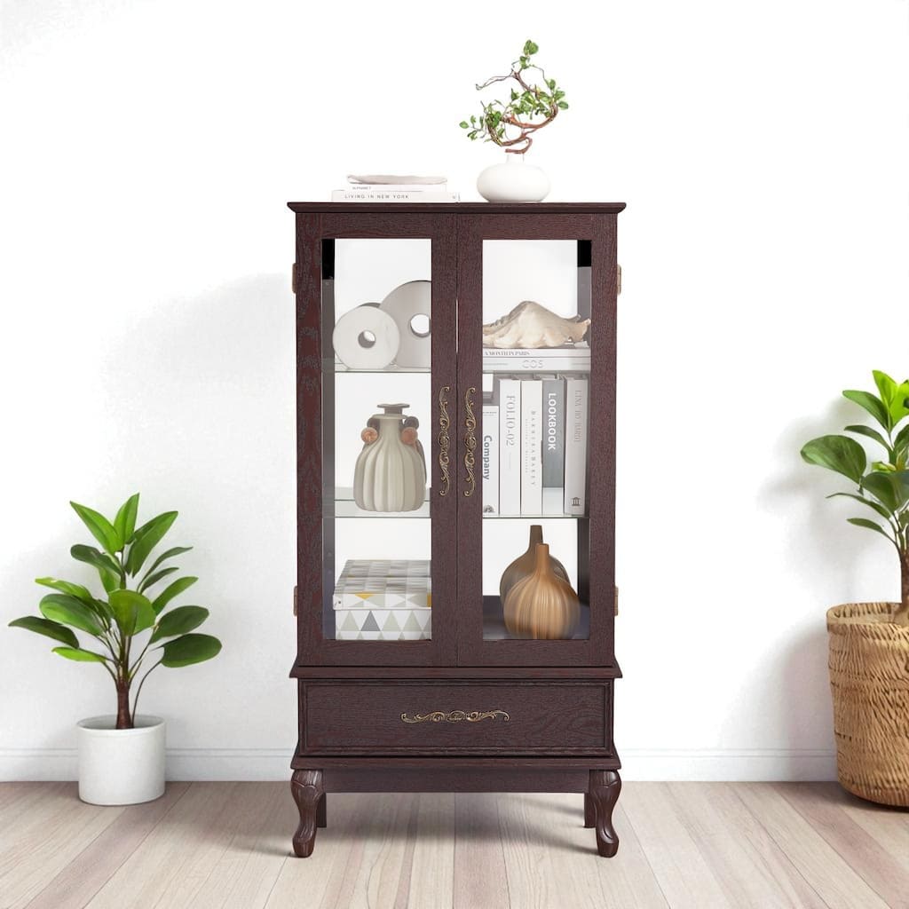 Lighted Glass Curio Display Cabinet with Adjustable Shelves, Drawer and Glass Doors