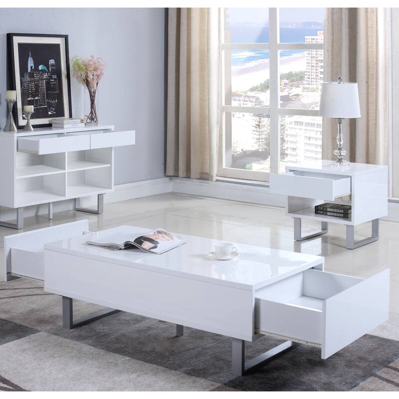 Modern Design Glossy White Living Room Table Collection - 1-Coffee Table, 1-End Table - White
