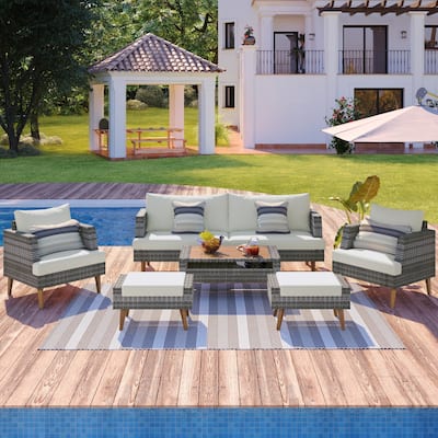 6-Piece PE Rattan Conversation Sofa Set with Table & Ottomans