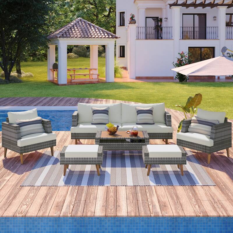 All Weather Conversation Sets 6-Pieces Sectional Sofa Set PE Wicker Couch Set with 2 Accent Chairs, 2 Stools and Wood End Table