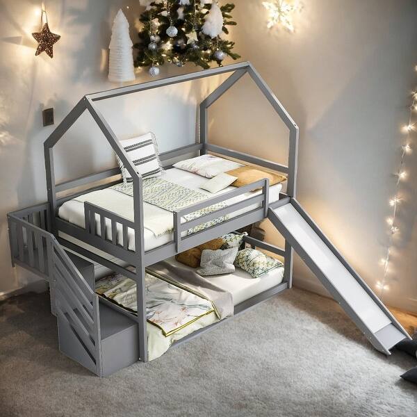 slide 2 of 34, Twin over Twin House Bunk Bed with Slide and Storage Staircase Grey