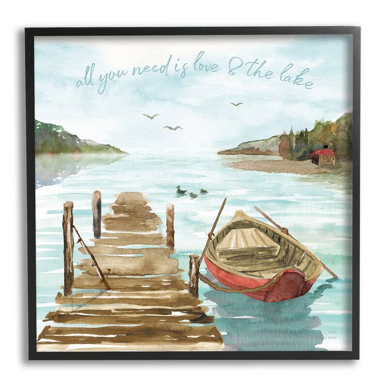 Stupell Love and The Lake Sentiment Boat Dock Landscape Framed Wall Art - Blue - 17 x 17 - Black