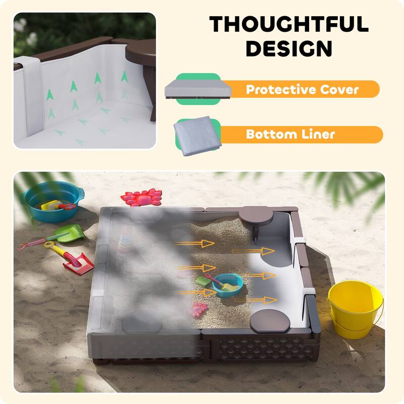 Dark Brown HDPE Kids Sandbox with Four Seats Large Outdoor Play Sandpit Waterproof Cover - 46.9" L x 46.9" W x 8.7" H