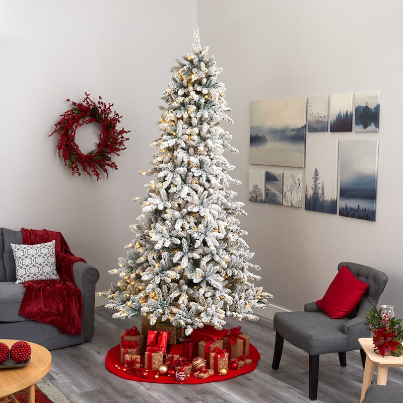 9’ Pre-Lit Flocked Livingston Fir and Cones Artificial Christmas Tree, Warm Clear LED Lights - 9 Foot