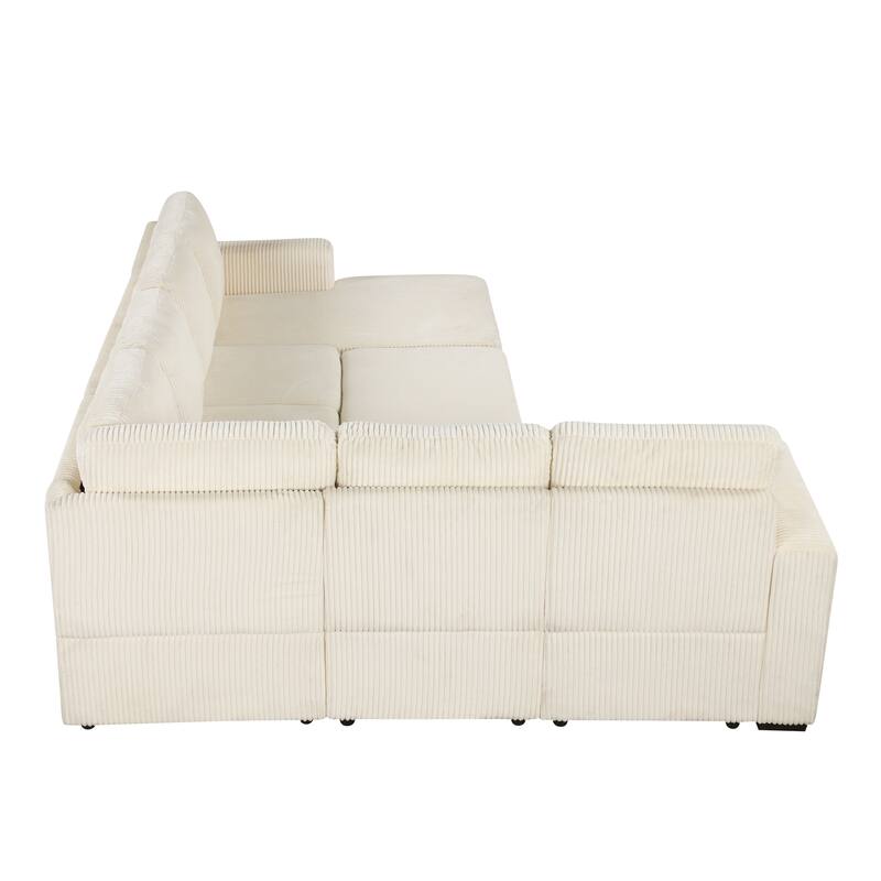 115.6" Corduroy U-Shaped Sectional Sofa with Pull-out Bed, Storage & USB Ports