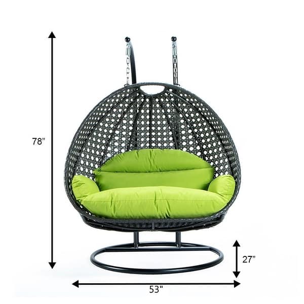dimension image slide 10 of 16, LeisureMod 2-Person Double Egg Swing Chair - Charcoal Wicker with Metal Stand & Plush Cushions - Modern Outdoor Patio Lounger