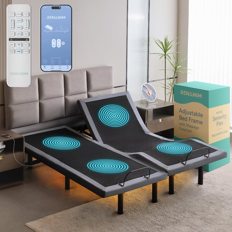 Renanim SF Adjustable Bed Frame, Dual Massage, USB, Underbed Light, App Control, Head and Foot Incline, Reclining Base - Split King