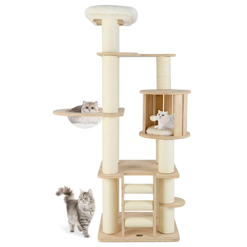 71 Inch Tall Wooden Cat Tree Tower with Cozy Perch Condo Space Capsule - 24" x 20" x 71"