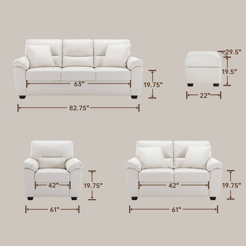 Upholstered Living Room Set, 4 Pieces - Faux Leather Chair, Loveseat, Sofa with Ottoman