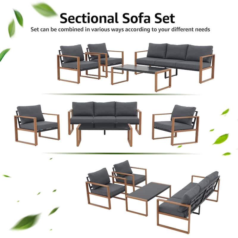 4-Piece 5 Person Patio Aluminum Grey Conversation Set With Cushions and Tempered Glass Table