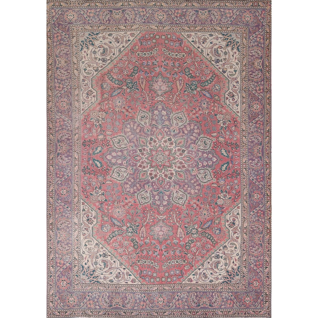 Pink Tabriz Persian Vintage Area Rug Hand-Knotted Wool Carpet - 8'0"x 11'0"