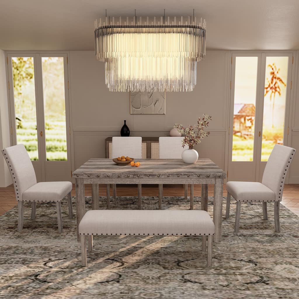 Morden Fort Rustic Farmhouse Rectangular Dining Set, Living Room Bench Set of 6