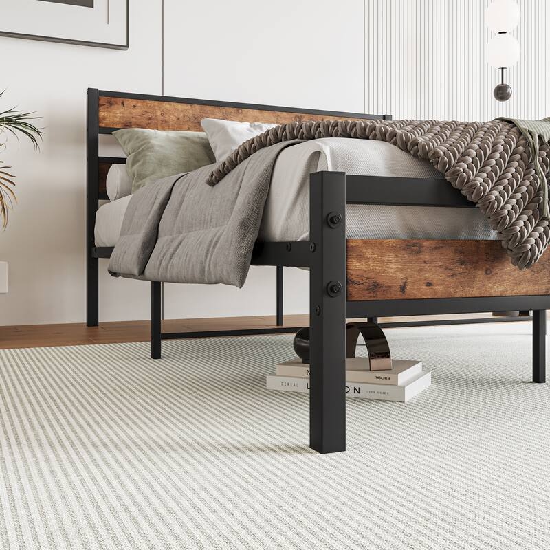 Platform Bed Frame with Rustic Vintage Wood Headboard