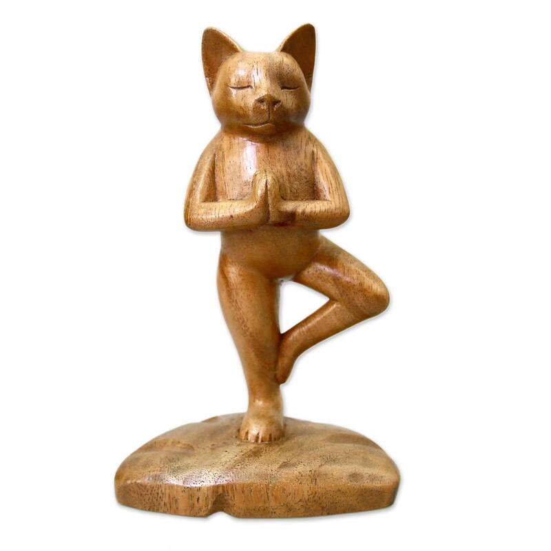 NOVICA Handcrafted Suar Wood 'Tree Pose Yoga Cat' Sculpture, Handmade in Indonesia