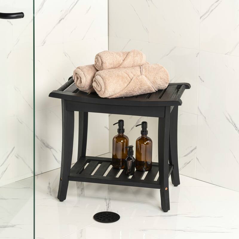 Tucker 22.1" Slatted Acacia Wood Indoor/Outdoor Shower Bench w/ Shelf & Handle, By JONATHAN Y - 22.1L x 12.99W x 18.5H
