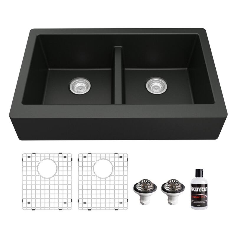 Karran Retrofit Farmhouse Quartz 34 in. Double Bowl 50/50 Sink Kit - Black