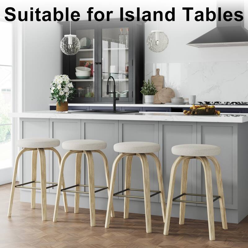 Swivel Bar Stools Set of 2, Bar Height Backless 30″Bar Stool, Fabric Upholstered Seat, Sturdy Wood Legs and Metal Footrest