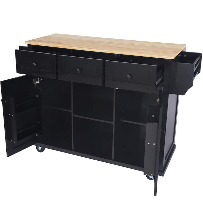 Kitchen Island on 5 Wheels with Storage Cabinet and 3 Drawers