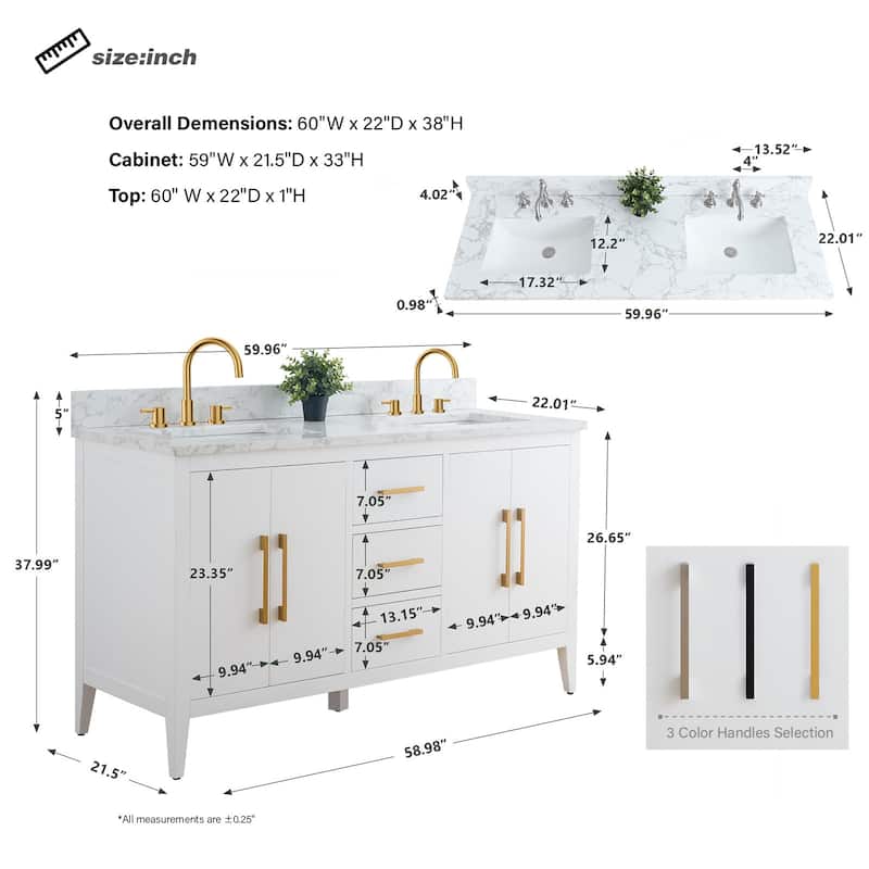 Vanity Art 60" Double Sink Bathroom Vanity Cabinet with Engineered Marble Top