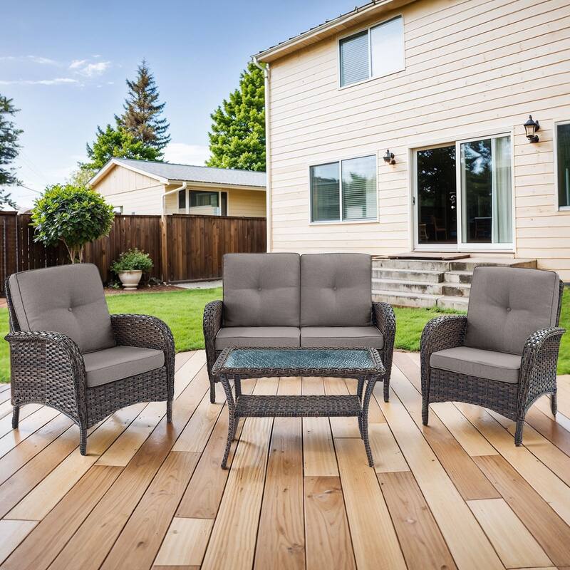 Patio Wicker Chair with Loveseat Table - Light Grey - Brown - Brown - Grey