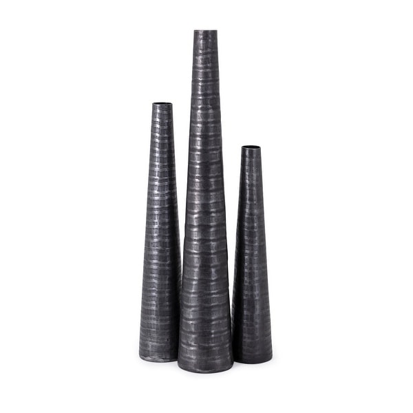 Set of 3 Black Textured Surface Pattern Tall Vases 24.75" - N/A