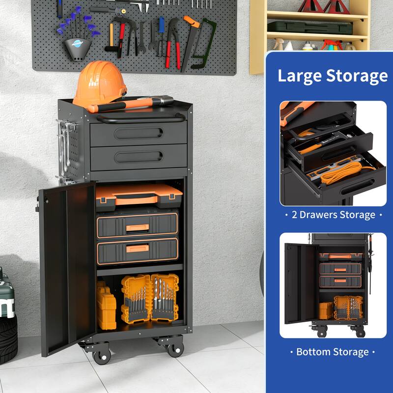 34.3" Narrow Rolling Tool Cabinet - Space-Saving Garage Storage with Lockable Door, 2 Drawers and Large Handle
