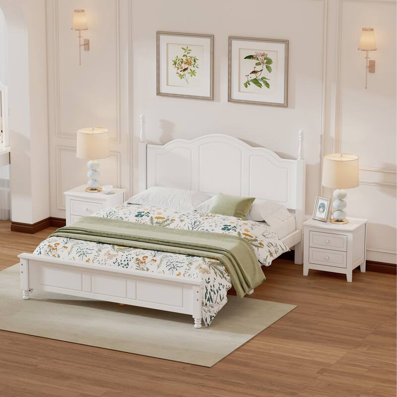 3-Pieces Bedroom Sets, Full/Queen Size Wood Platform Bed & 2 Nightstands, Modern Bed Frame w/ Headboard, Nightstand w/ 2 Drawers