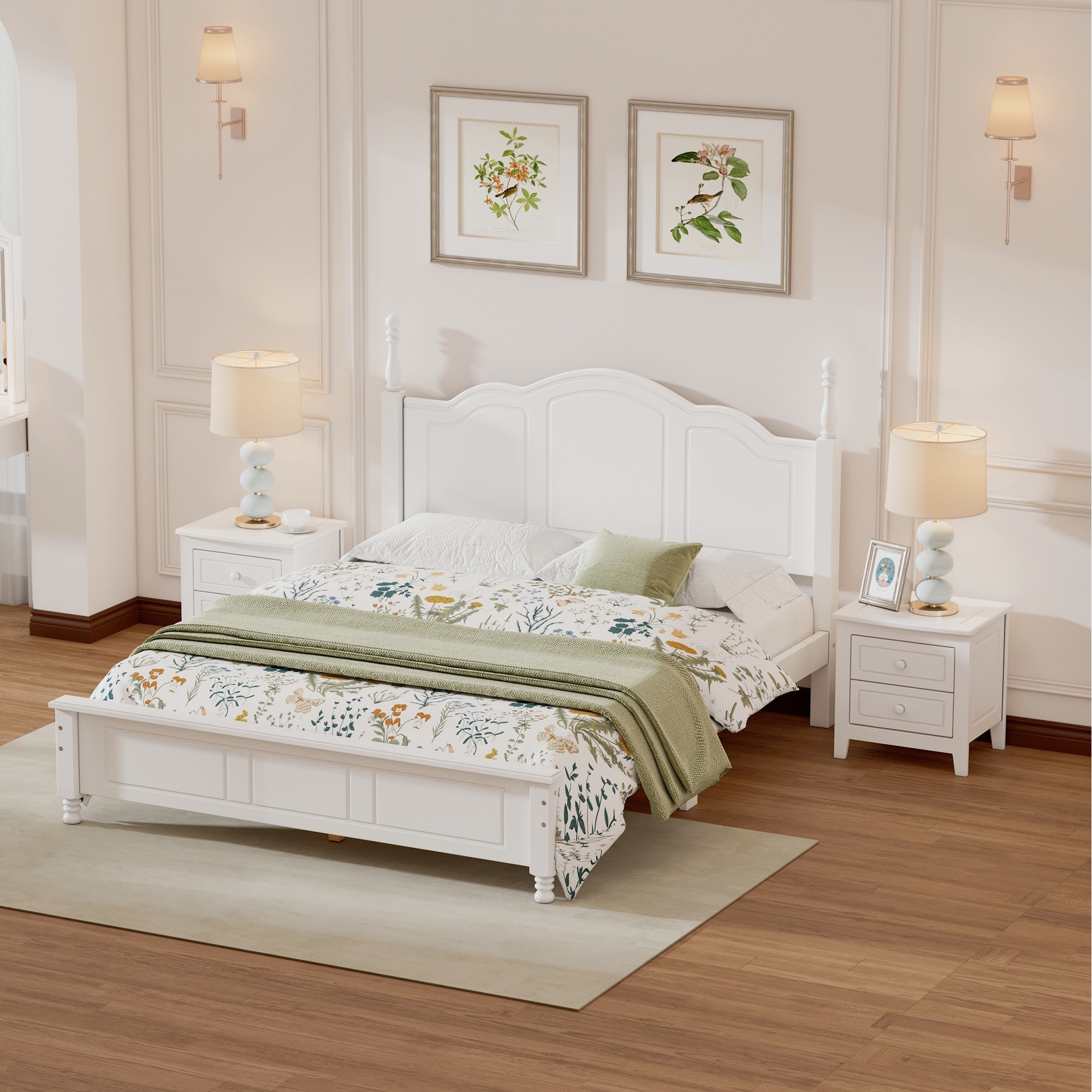 3-Pieces Bedroom Sets, Queen Size Wood Platform Bed & 2 Nightstands Upholstered Bed Frame No Box Spring Needed, Easy Assembly