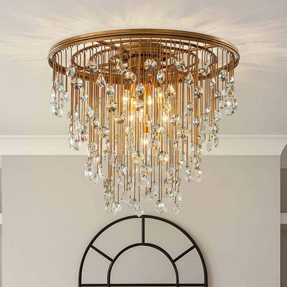 5/7-Light Contemporary and Glam Antique Gold Rain Drop Crystal Flush Mount