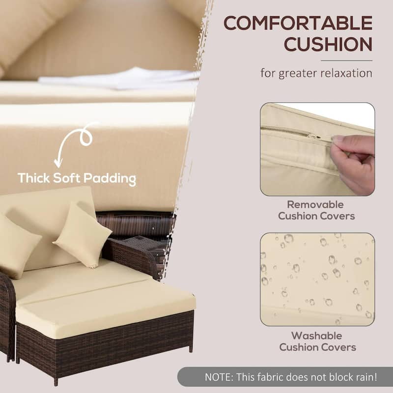 Patio Rattan Daybed with Cushions, Storage Ottoman, Side Tables