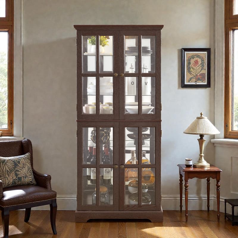 Antique Curio Display Cabinet with Glass Doors, 4 Door Vintage Showcase with Adjustable Shelves and Light - Cherry