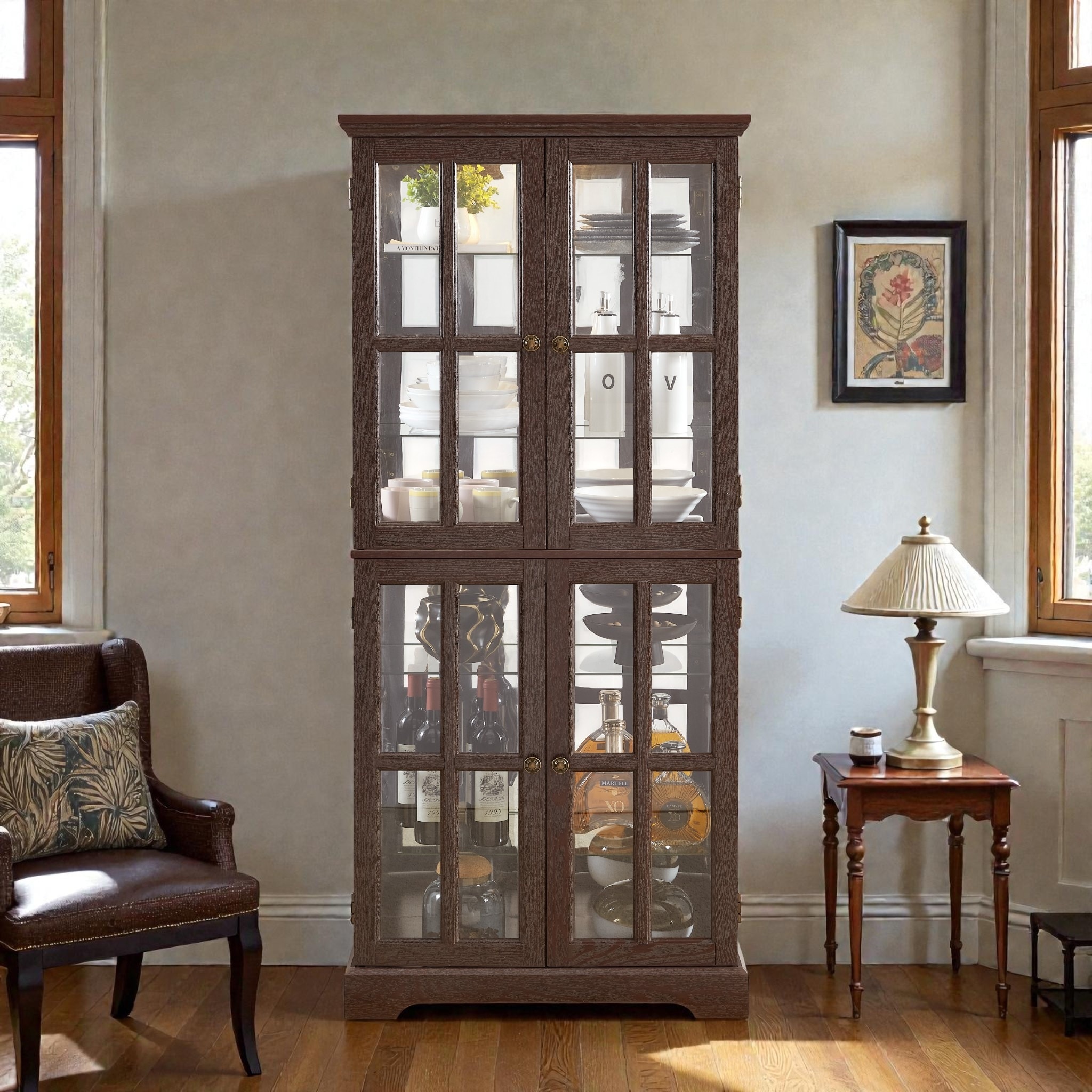 Antique Curio Display Cabinet with Glass Doors, 4 Door Vintage Showcase with Adjustable Shelves and Light