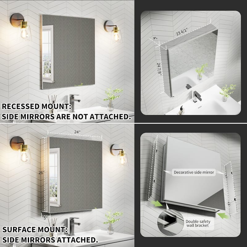 Modland Single Door Bathroom Medicine Cabinet with Mirror Adjustable Shelves,Recessed or Surface Mount