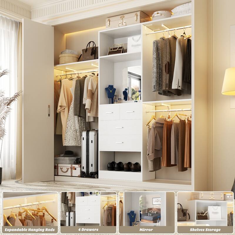 25'' - 96" W Closet System with 4 Wooden Drawers and Mirror, Walk-in Closet Organizer Kits with 3 Extendable Hanging Rods