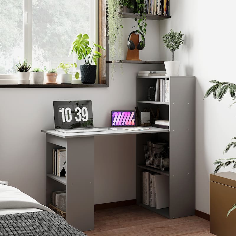 HOMCOM Compact Computer Desk: 6-Tier Storage Shelves, Writing Table Workstation with Bookshelf