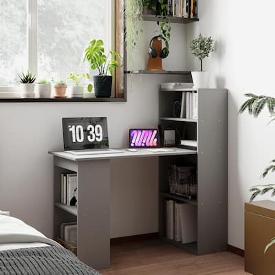 HOMCOM Compact Computer Desk: 6-Tier Storage Shelves, Writing Table Workstation with Bookshelf