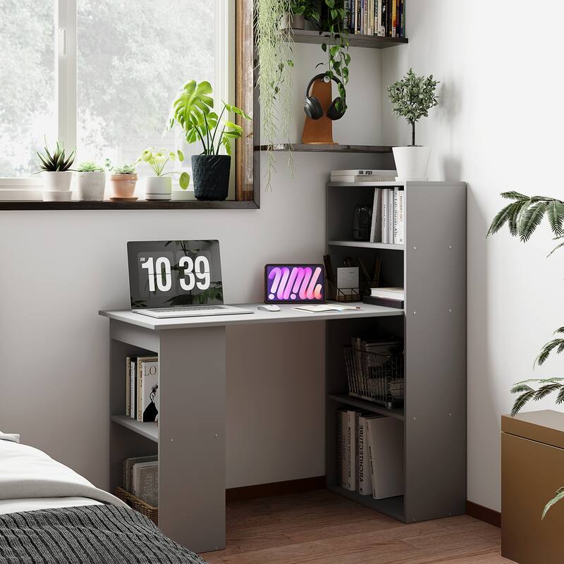 Space-Saving Grey Engineered Wood Computer Desk with 6-Tier Storage Shelves for Home or Office
