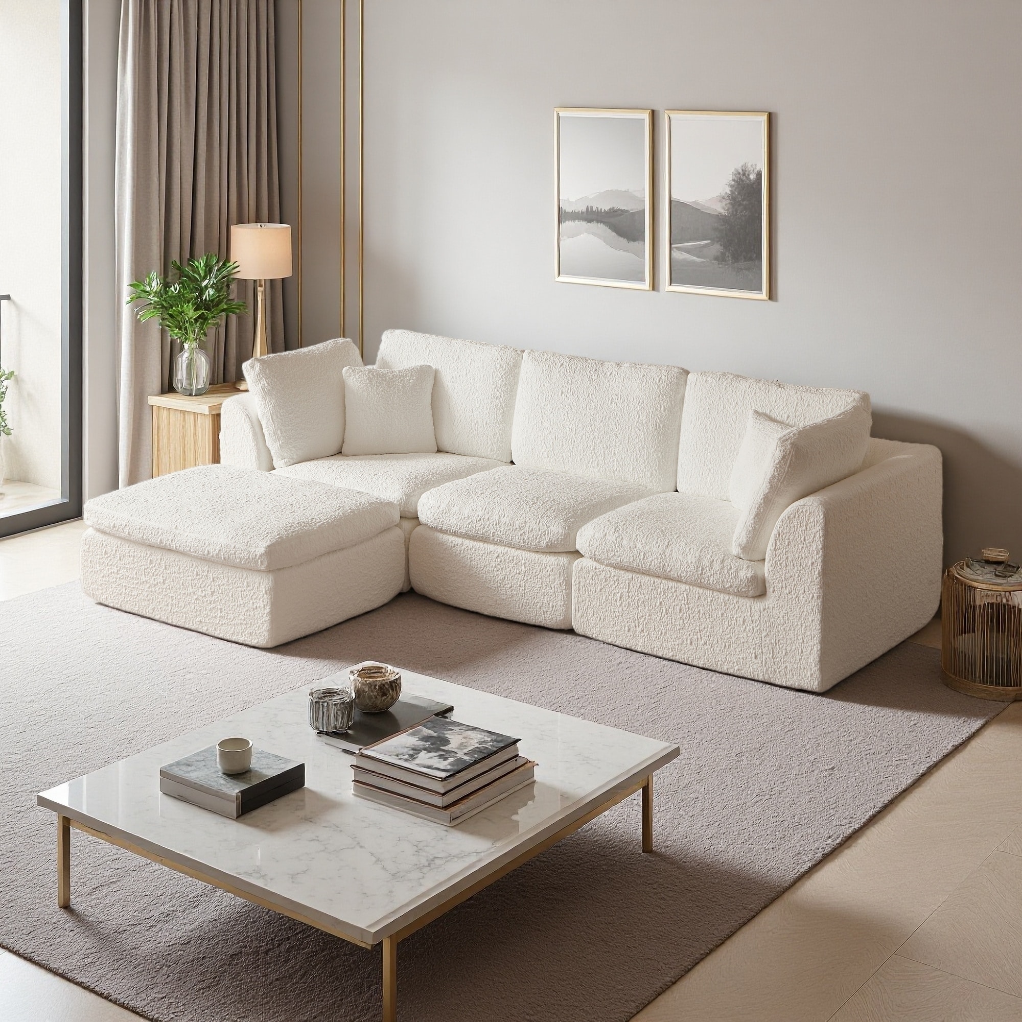 110" Chenille L-Shaped 3-Seat Sectional Sofa with Ottoman & 7 Throw Pillows