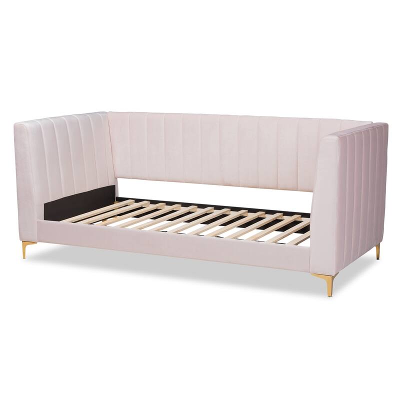Pink Velvet Upholstered Twin Daybed with Channel Tufting and Gold Metal Legs, Luxe Contemporary Guestroom Bed