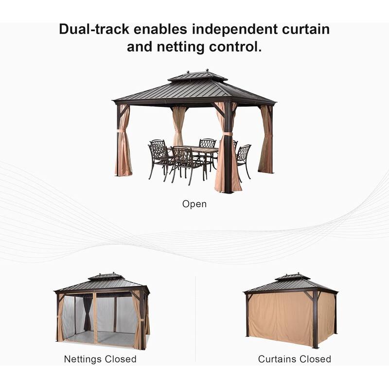 PURPLE LEAF Outdoor Galvanized Steel Roof Aluminum Frame Hardtop Gazebo with Netting,Curtains included