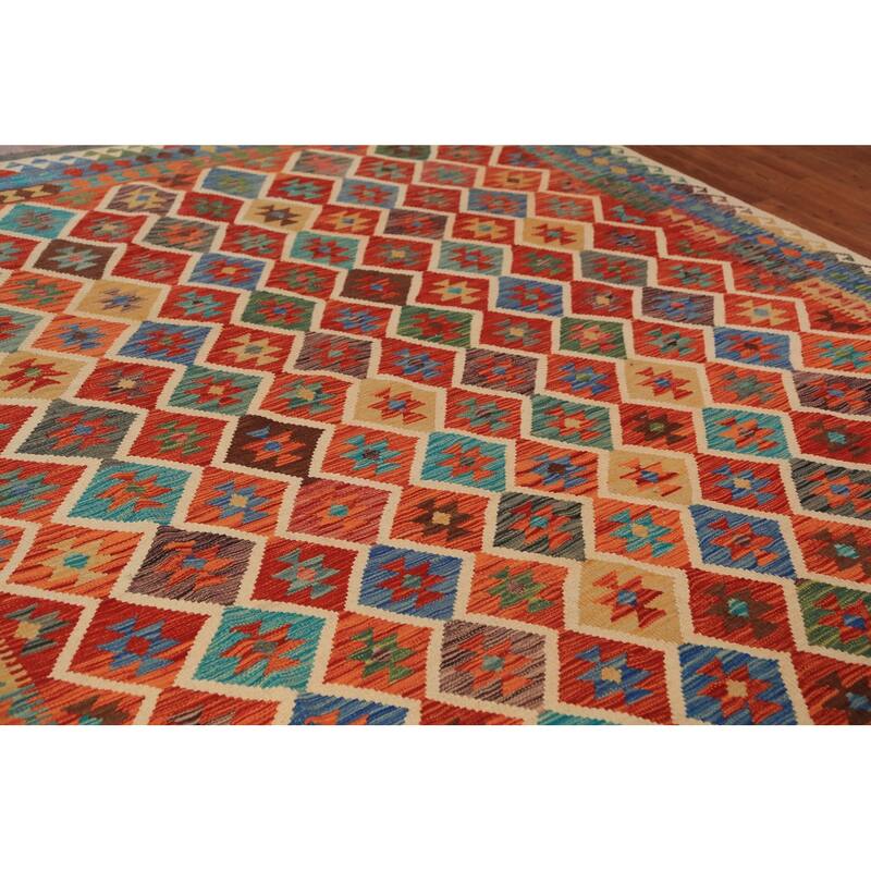 Trellis Kilim Oriental Area Rug Hand-Woven Orange Wool Carpet - 8'5"x 11'5"
