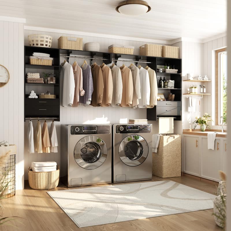 Rackcog Laundry Room Organizer with Drawers, Wall-mounted Closet System with Hanging Rods