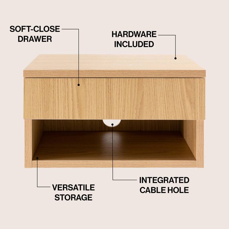 JONATHAN Y Celerie 15.71" Mid-Century Modern Floating Wall Mounted Nightstand with Soft-Close Drawer and Cable Hole